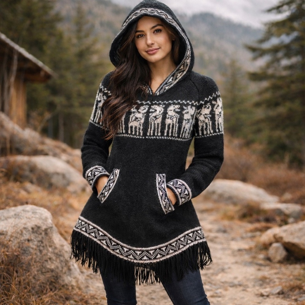 Alpaca Wool‎ Blend Hooded Longline Winter Sweater Fringe Boho Folk Knit Small